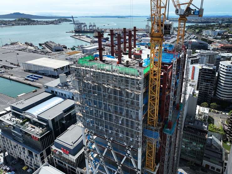 Work on the Seascape apartment tower in Auckland's CBD stopped in 2024. The tower and other properties owned by developer Shundi Customs are being sold by the receivers. Photo / Jason Oxenham