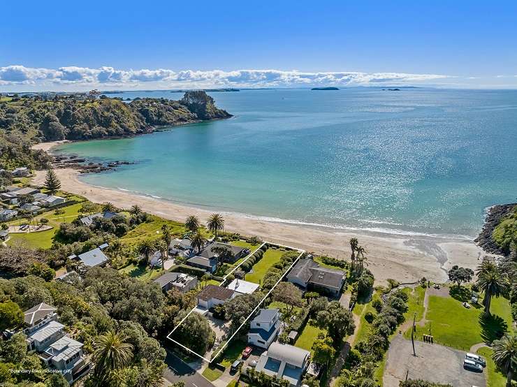 bach with green lawn and olive trees  43 Palm Road, Palm Beach, Waiheke Island, Auckland