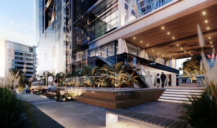 blue glass apartment tower wrapped with steel skeleton  Seascape apartment tower, 83 Customs Street, Auckland central