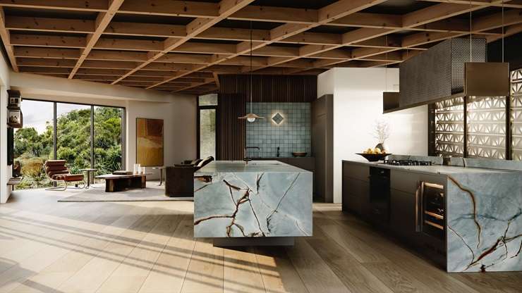 One of the listing photos from the Waiheke Island home that appeared on Grand Designs New Zealand. The house was incomplete at the time, so the listing used renders. Photo / Supplied