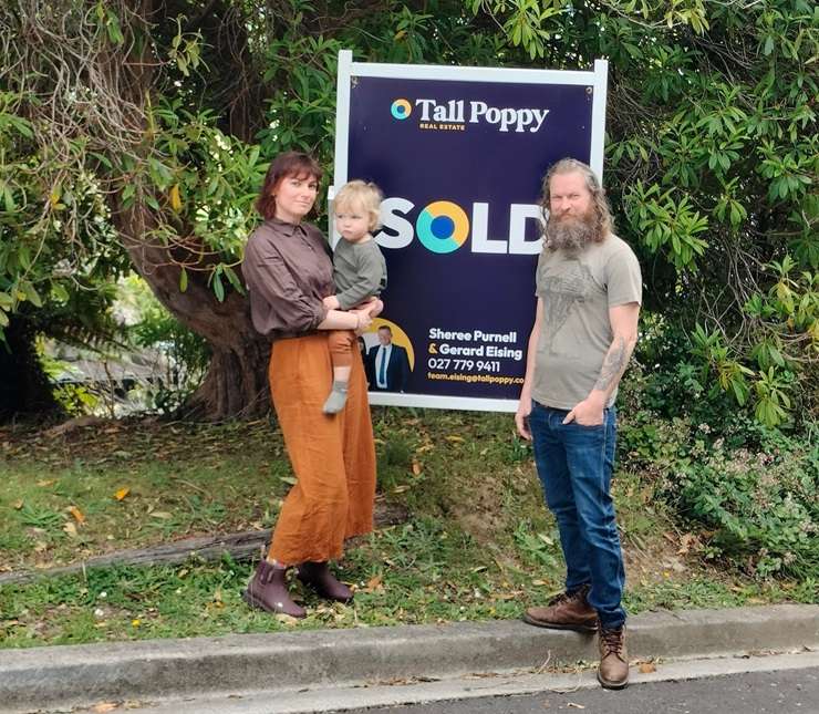 A young family has bought the mid-century house on Gurney Road, in Kelson, Lower Hutt, which looks as if a UFO has landed on the hill. Photo / Supplied
