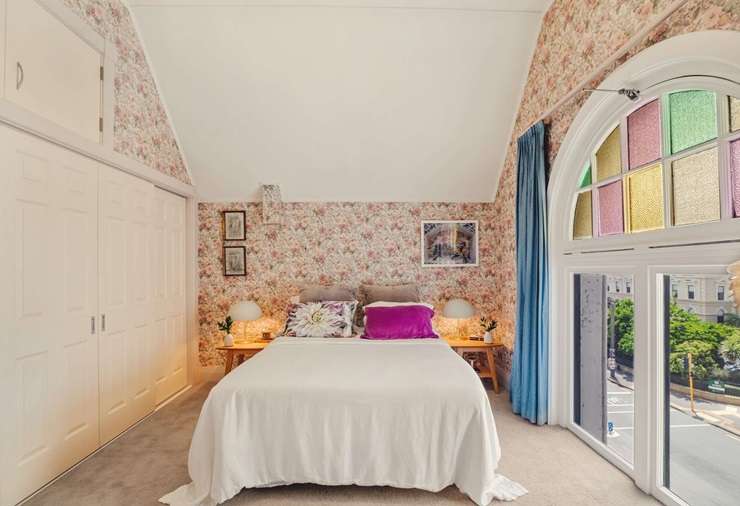 The Beehive dominates the view from the lounge of 1A/7 Stout Street, in Wellington Central. Photo / Supplied