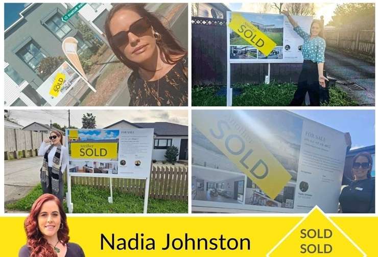 Ray White agent Nadia Johnston breathes a sigh of relief as she gets a sold sticker on one of the four properties she had sold by the end of last week. Photo / Supplied