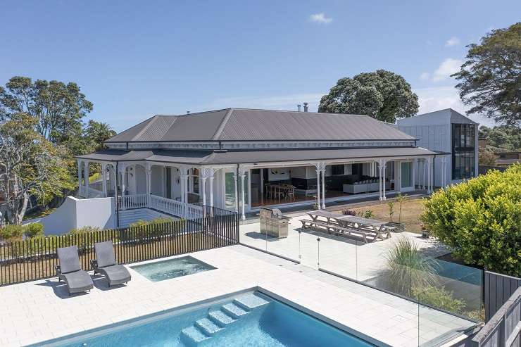 aerial view of white house with curves and cedar trim  80 Alfred Street, Onehunga, Auckland