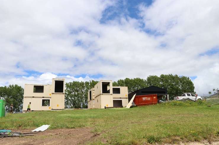 The five-bedroom, three-bathroom home on Ranby Road, in Ohaupo, was built using 12 steel shipping containers. Photo / Supplied
