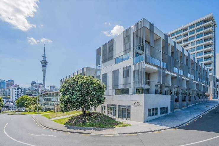 courtyard between apartments with trees and sky tower Union Green, 45 - 47 Union Street, Auckland city