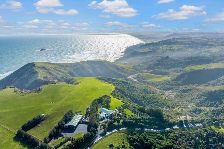 Parihoa Farm, on Constable Road, in Muriwai, Auckland, is one of three adjoining properties that wellness guru Matt Chapman is selling off. Photo / Supplied