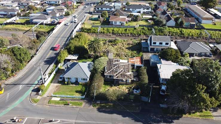 aerial shot of timber framing of house on green lawn 28 Cambridge Terrace, Papatoetoe, South Auckland