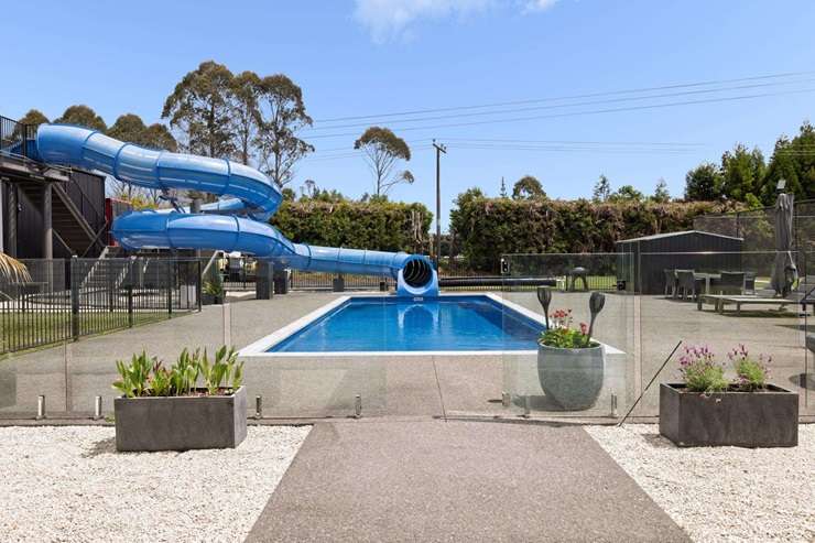 The lifestyle property at 74D Walter Henry Drive, in Omanawa, Bay of Plenty has a 36m hydroslide, a basketball court and a brand new shed. Photo / Supplied