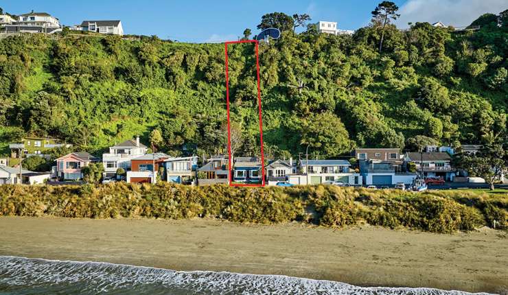 blue cottage with white windows and red door 197 Marine Parade Seatoun Wellington