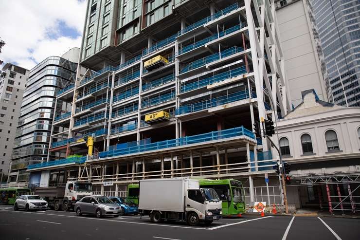 Work on the Seascape apartment tower in Auckland's CBD stopped in 2024. The tower and other properties owned by developer Shundi Customs are being sold by the receivers. Photo / Jason Oxenham