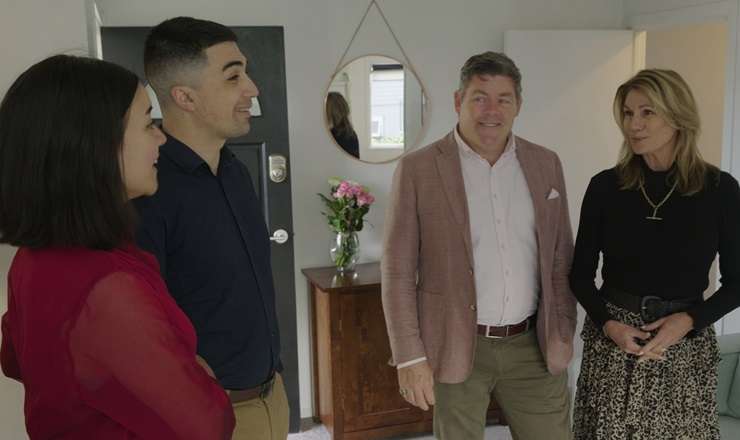 Former Kiwi Fern Kelly Maipi and her partner Phil Pirihi with agent Jayne Kiely. The couple were at the end of their tether when they applied to take part in the second season of AA Insurance Location Location Location NZ. Photo / Supplied