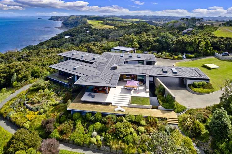 aerial view of orchards, paddocks and luxury houses overlooking harbour. 288 Point Wells Road, Point Wells on Whangateau harbour