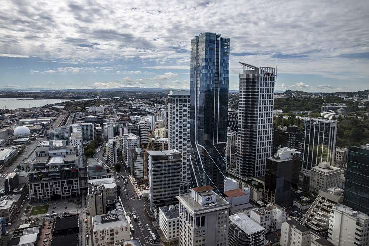 glass tower blook over looking downtown Auckland and Waitemata Harbour The Pacfica penthouse Commerce Street Auckland