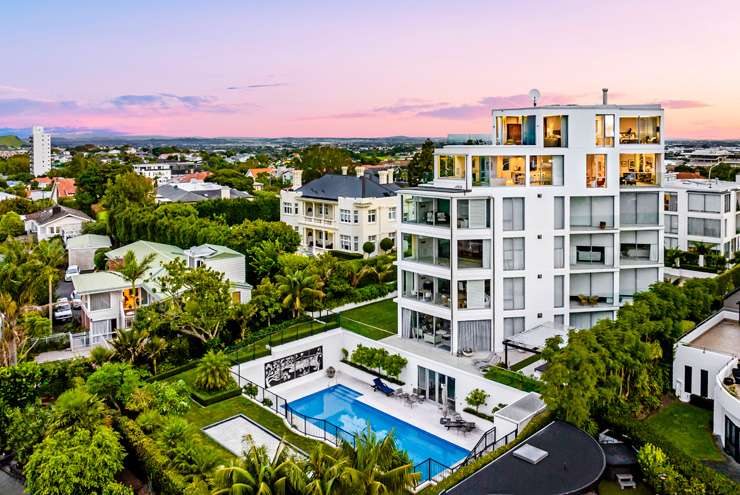 A two-level penthouse apartment at 8/464 Remuera Road, in Remuera, Auckland, has a 12-car garage. Photo / Supplied