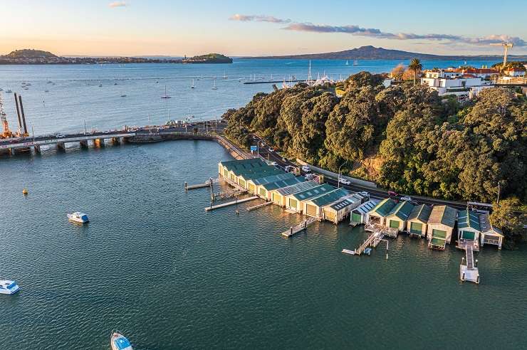 The picturesque boatshed at Auckland's Hobson Bay is often used as a shooting location for David Lomas Investigates. Photo / Supplied