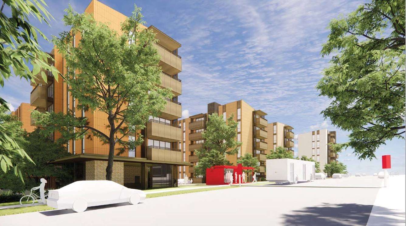 An artists impression of the large 301 dwelling social housing block on the former Arlington Apartments site in Mount Cook is the largest development that is paused and under review. Image / Kāinga Ora