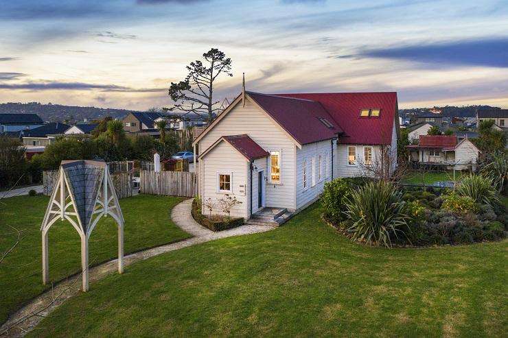 The coverted Presbyterian church at 7 Clarks Lane, in Hobsonville, is on the market for sale. Photo / Supplied