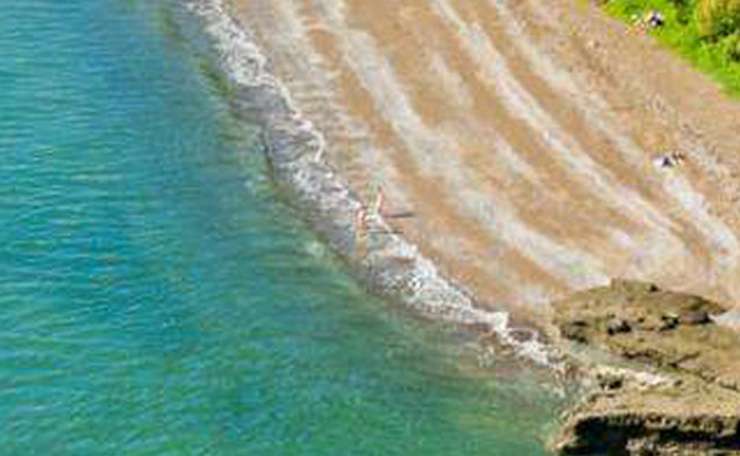 Squint your eyes and you'll see bathers on the beach below 59 Cliff Road, in St Heliers, Auckland. Photo / John Mailley