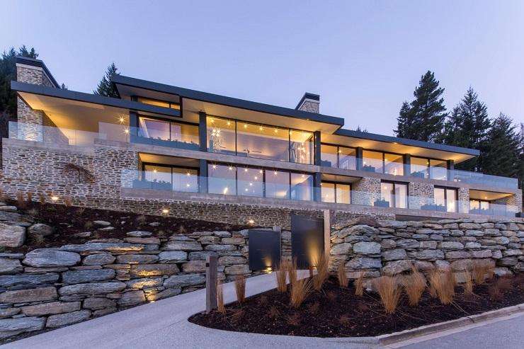 stone glass house with moutains behind  5 River Valley View, Blanket Bay, Wyuna Preserve Queenstown