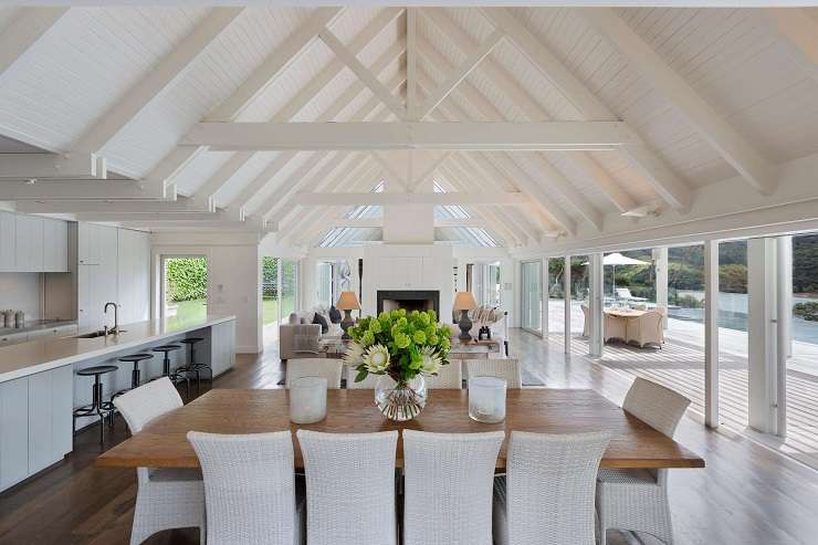 white pavilion house with glass roof and infinity pool  729 Orapiu Road, Omaru Bay, Waiheke Island Auckland