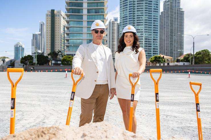 Kiwi developer Danny Andrews with his daughter and his firm's general manager, Sarah Robertson. They have just launched their A$900 million South Beach apartment project on Queensland’s Gold Coast. Photo / Supplied