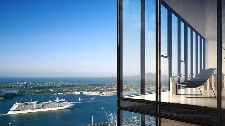 glass tower blook over looking downtown Auckland and Waitemata Harbour The Pacfica penthouse Commerce Street Auckland