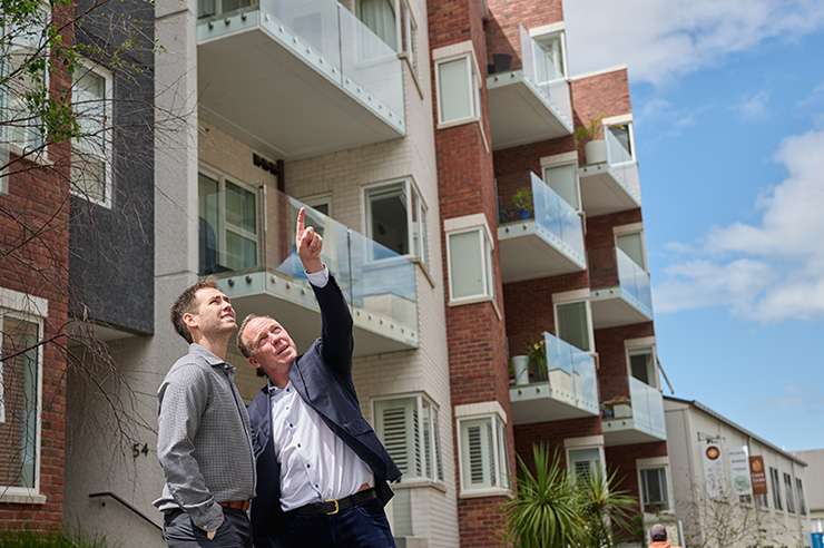 Kiwibank Head of Sustainable Finance Tom Williams, left, with Ockham Residential CEO and co-founder Mark Todd. Photo / Supplied