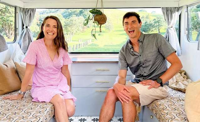 Block winners Alice and Caleb blow the budget turning ‘rotten’ caravan into cute bach on wheels