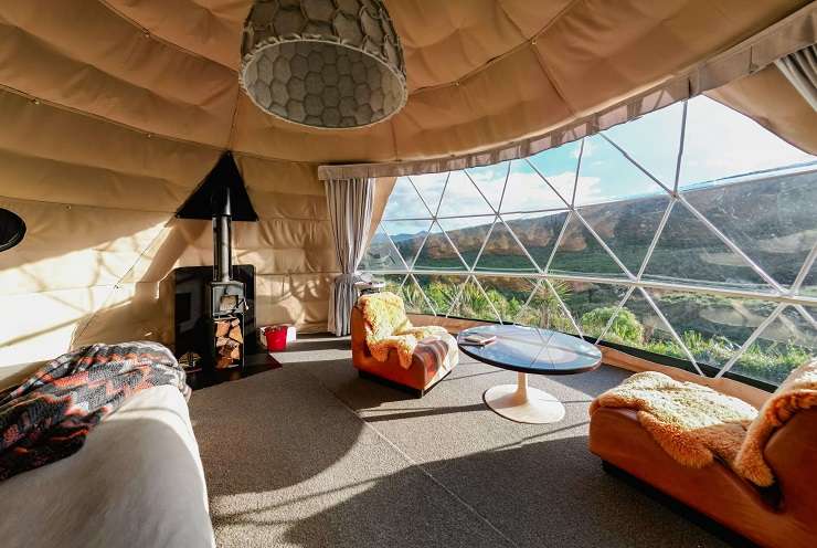 A geodesic dome, which houses the main bedroom and living area, is situated on a 4.4ha site on the outskirts of New Plymouth. Photo / Supplied