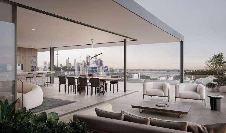 An artist's impression of the super-penthouse at One Saint Stephens, on Parnell Rise, in Auckland. The developers now have consents to carve the space into two smaller penthouses. Photo / Supplied