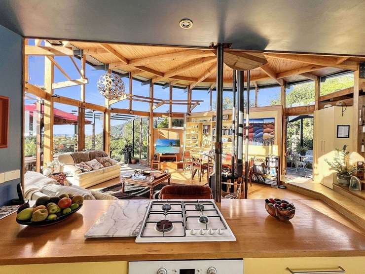 Terry and Kathy Sheldrake are selling their unique home in Whanarua Bay, in Ōpōtiki, to move closer to medical facilities. Photo / Supplied