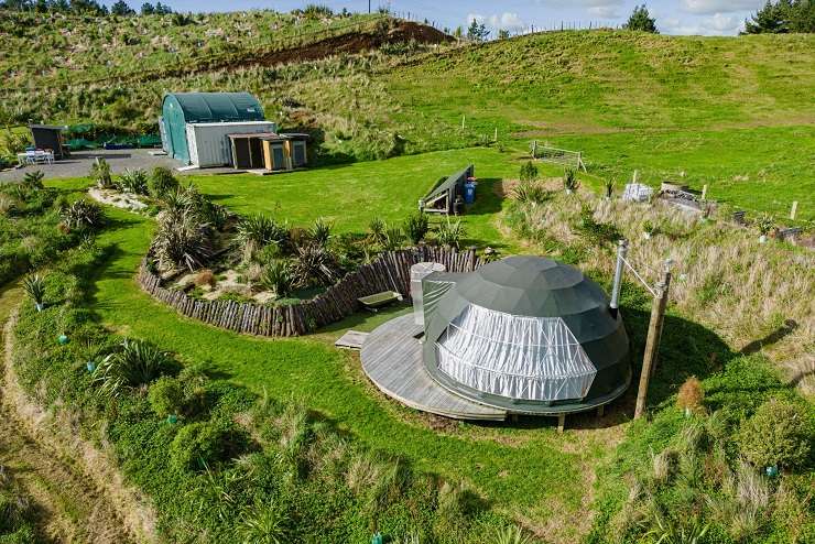 A geodesic dome, which houses the main bedroom and living area, is situated on a 4.4ha site on the outskirts of New Plymouth. Photo / Supplied