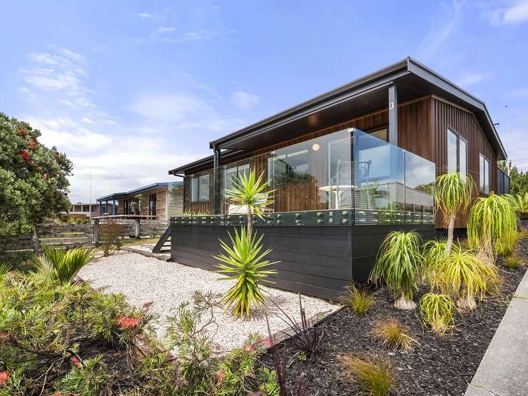 6 Kowhai Street Takapuna  A modern square cedar and concrete house with hedge and driveway in front